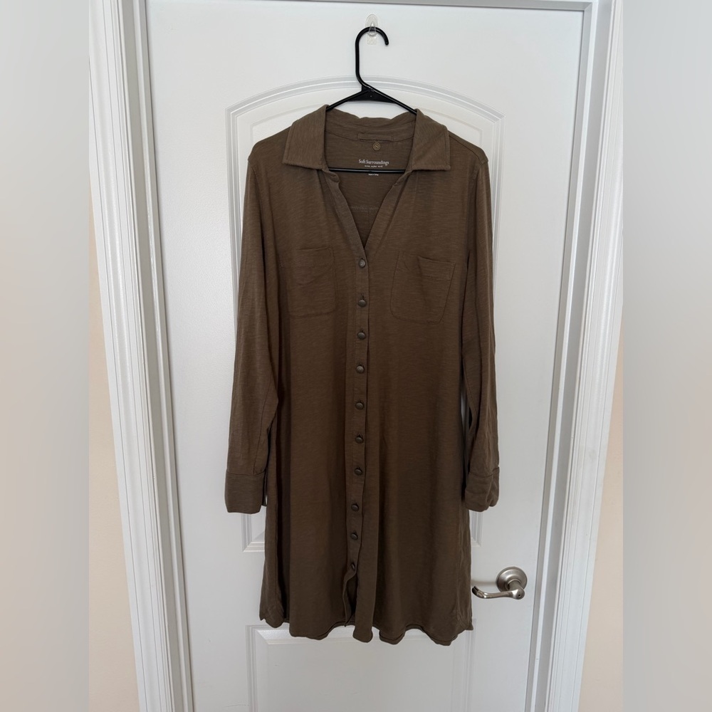Soft Surroundings Olive Green Knit Modest Shirt Dress Button Front Midi XL - Picture 2 of 12